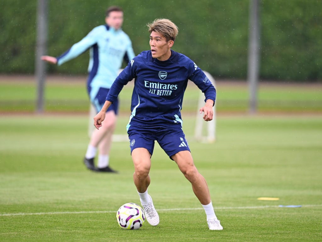 Takehiro Tomoyasu of Arsenal during a training session at Sobha Realty Training Centre on July 15, 2024 in London Colney, England.