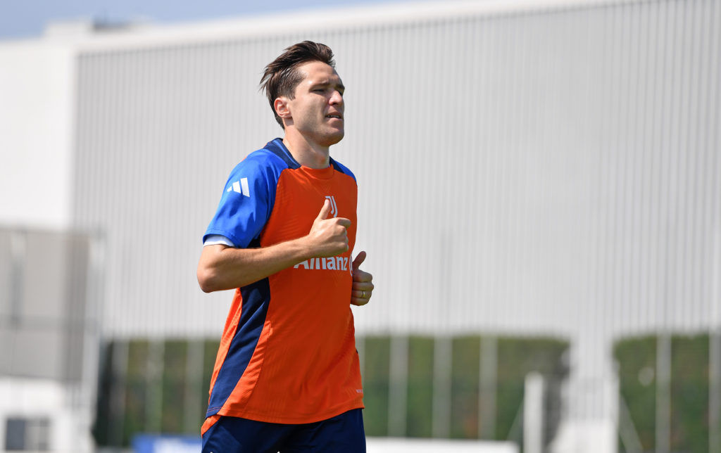 Federico Chiesa of Juventus FC during training on July 23, 2024 in Turin, Italy.