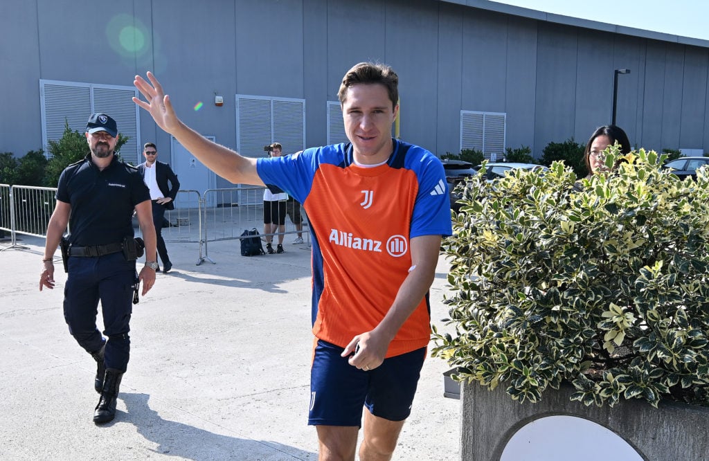 Federico Chiesa of Juventus FC arrives for medical tests and first day back in training on July 23, 2024 in Turin, Italy.