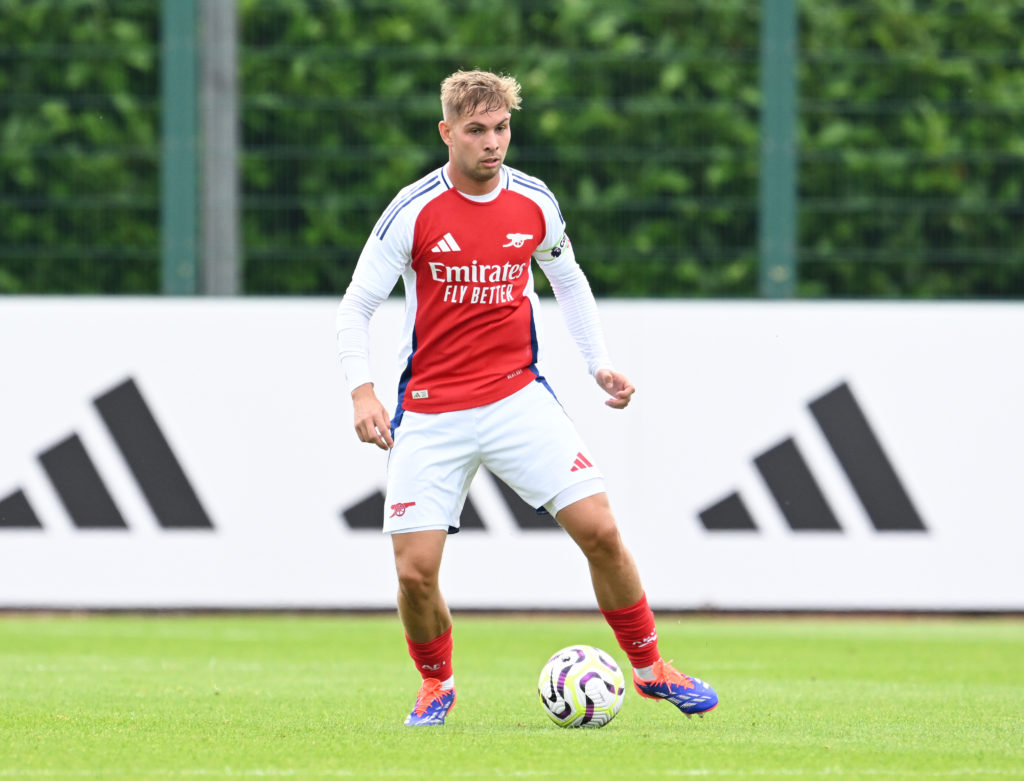 Emile Smith Rowe of Arsenal during the pre season friendly between Arsenal XI and Leyton Orient XI at Sobha Realty Training Centre on July 20, 2024...