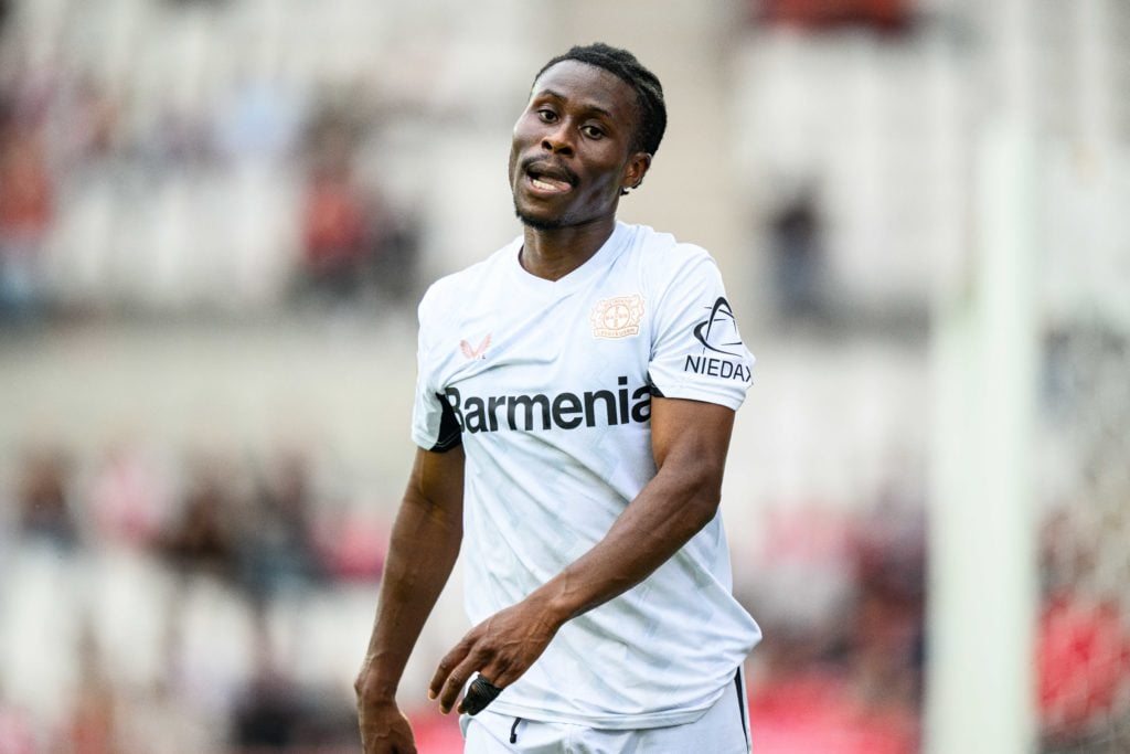 Nathan Tella of Leverkusen reacts after scoring his teams first goal during the pre-season friendly match between Rot-Weiss Essen and Bayer 04 Leve...