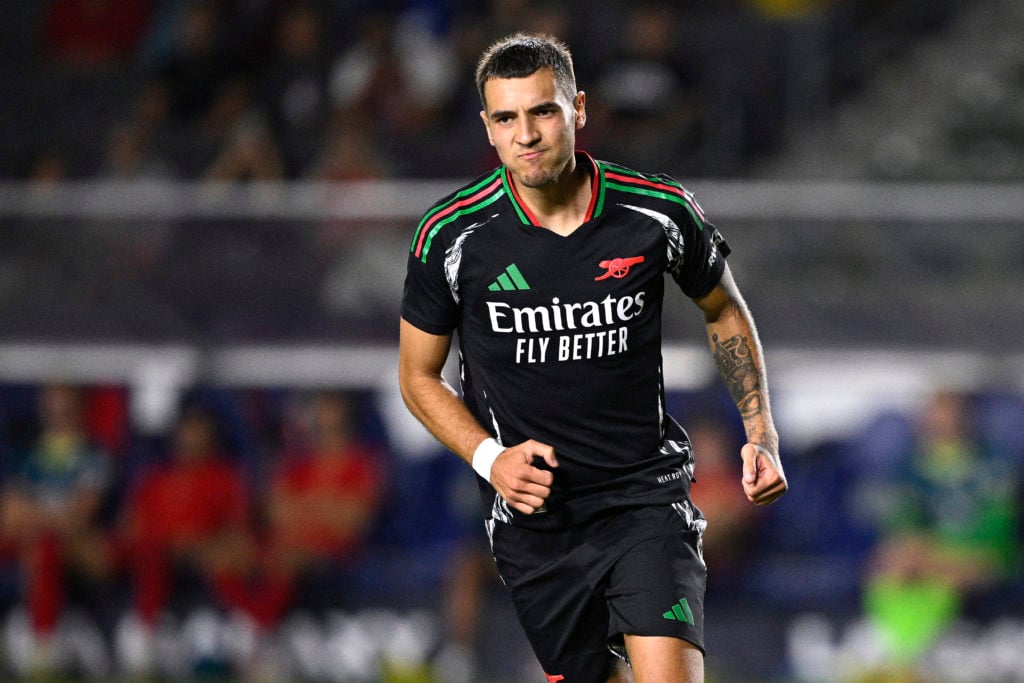 Jakub Kiwior #15 of Arsenal FC celebrates after scoring during the penalty kick shootout against AFC Bournemouth at Dignity Health Sports Park on J...