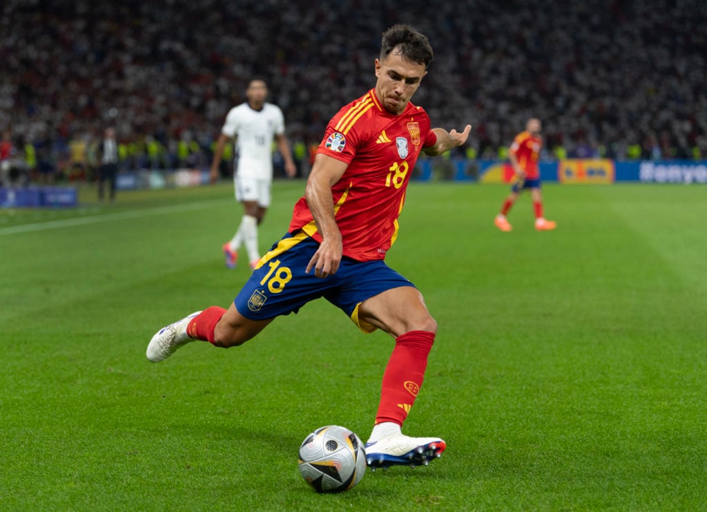 Martin Zubimendi of Spain in action during the UEFA EURO 2024 final match between Spain and England at Olympiastadion on July 14, 2024 in Berlin, G...