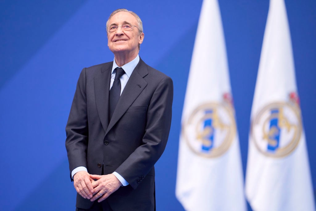 Florentino Perez Rodriguez, President of Real Madrid looks on as Real Madrid new signing, Endrick Felipe is unveiled at Estadio Santiago Bernabeu o...