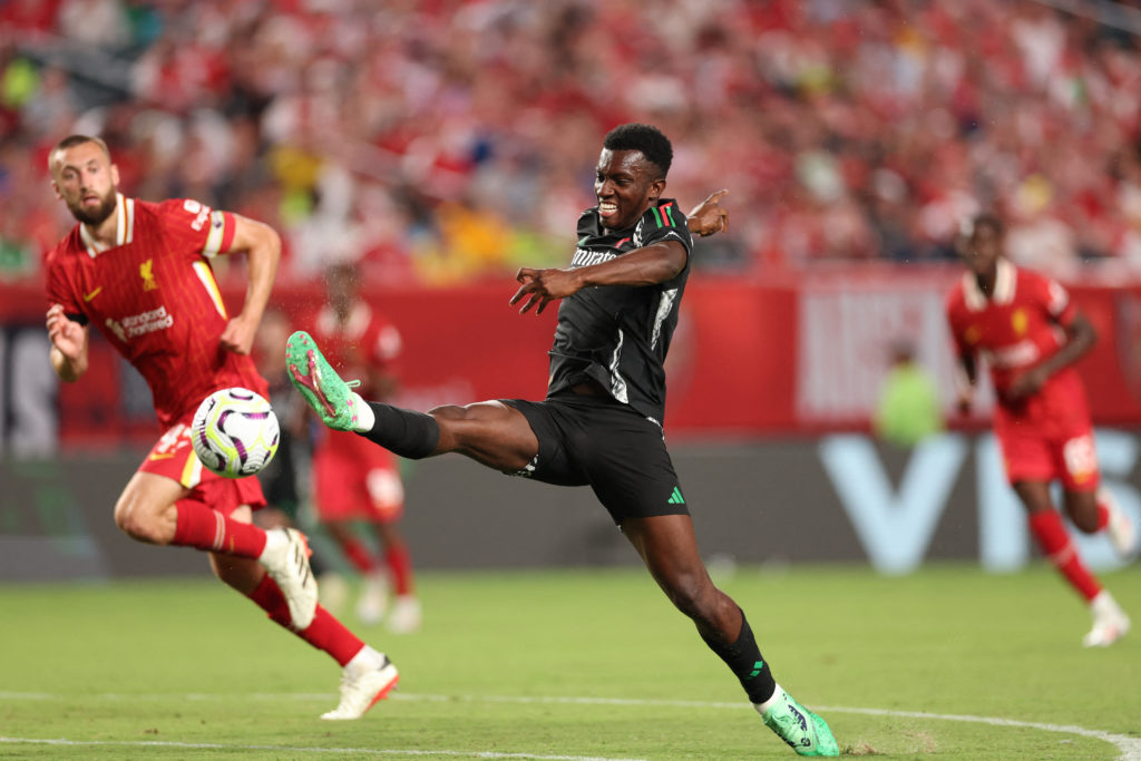 Arsenal's English striker #14 Eddie Nketiah controls the ball during the pre-season club friendly football match between Arsenal FC and Liverpool F...