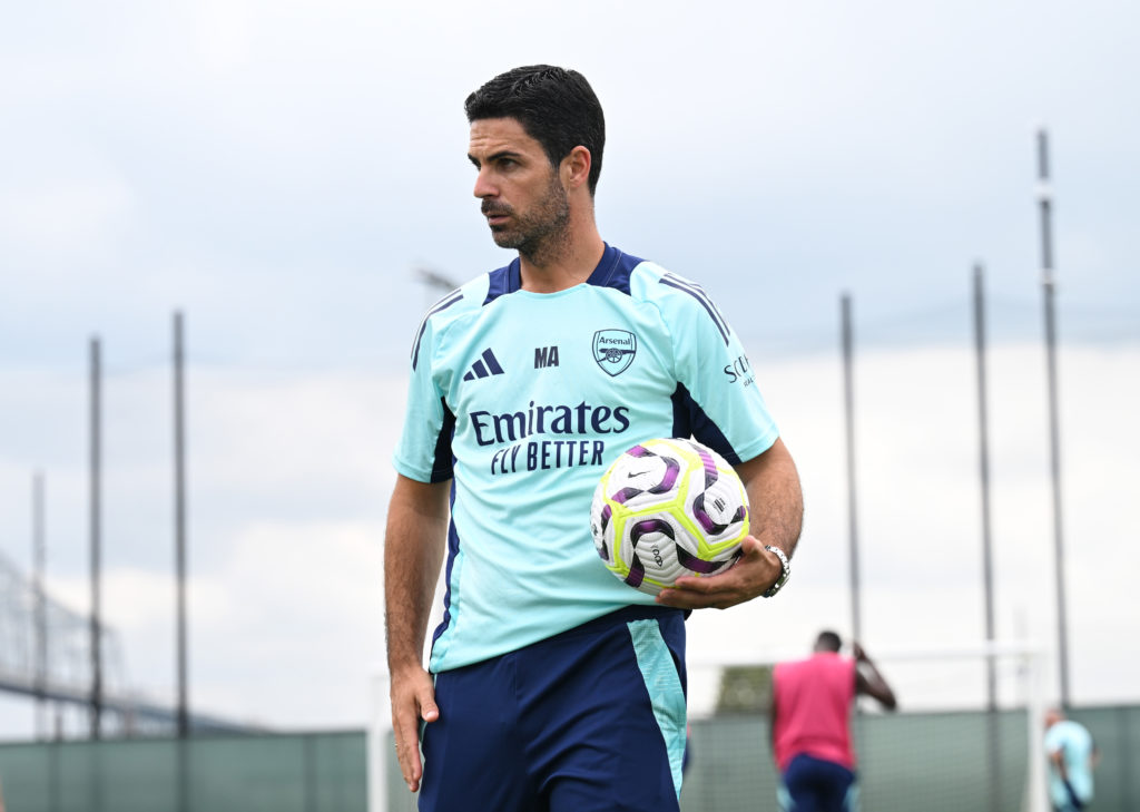 Arsenal manager Mikel Arteta during a training session at Subaru Park on July 30, 2024 in Chester, Pennsylvania.