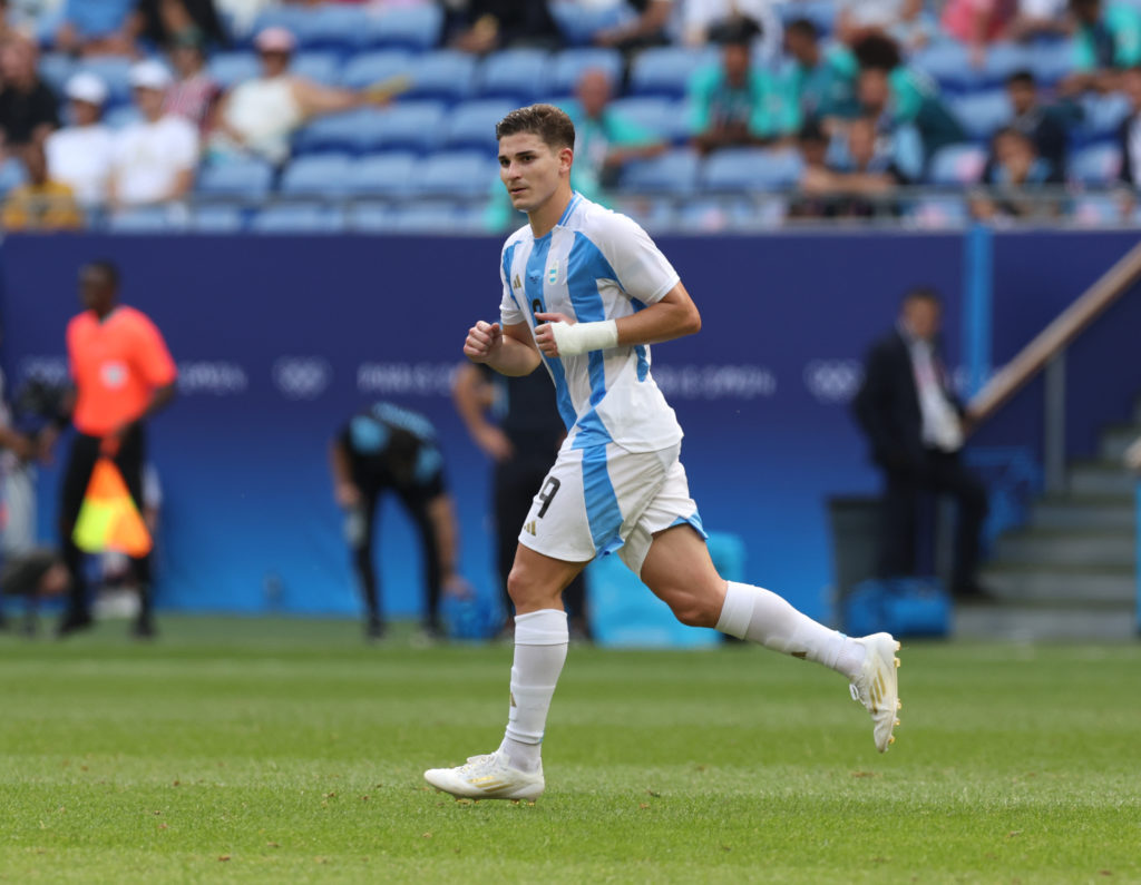 Julian Alvarez of Argentina in action during the Men's group B match between Ukraine and Argentina during the Olympic Games Paris 2024 at Stade de ...