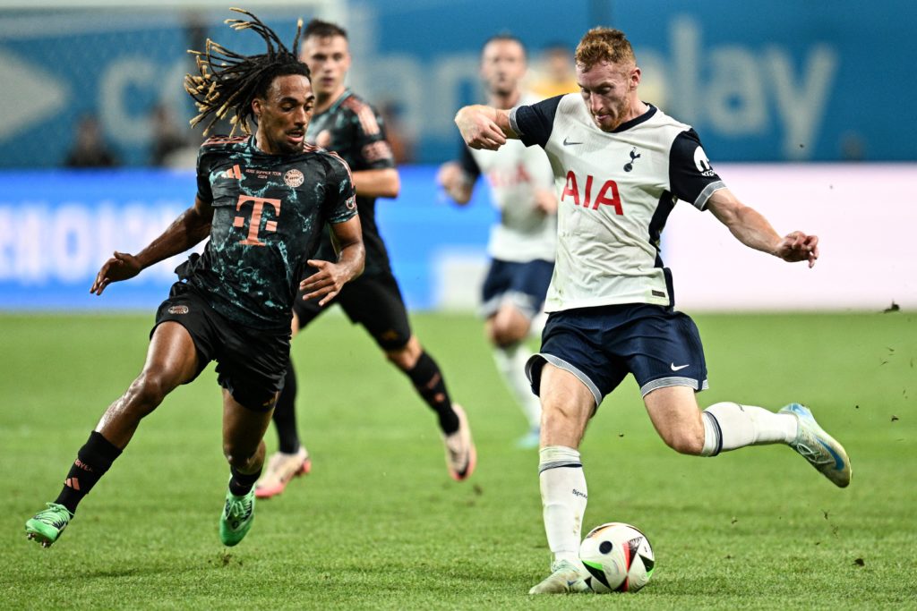 Bayern Munich's Adin Licina (L) and Tottenham Hotspur's Dejan Kulusevski vie for the ball during a friendly football match between Tottenham Hotspu...