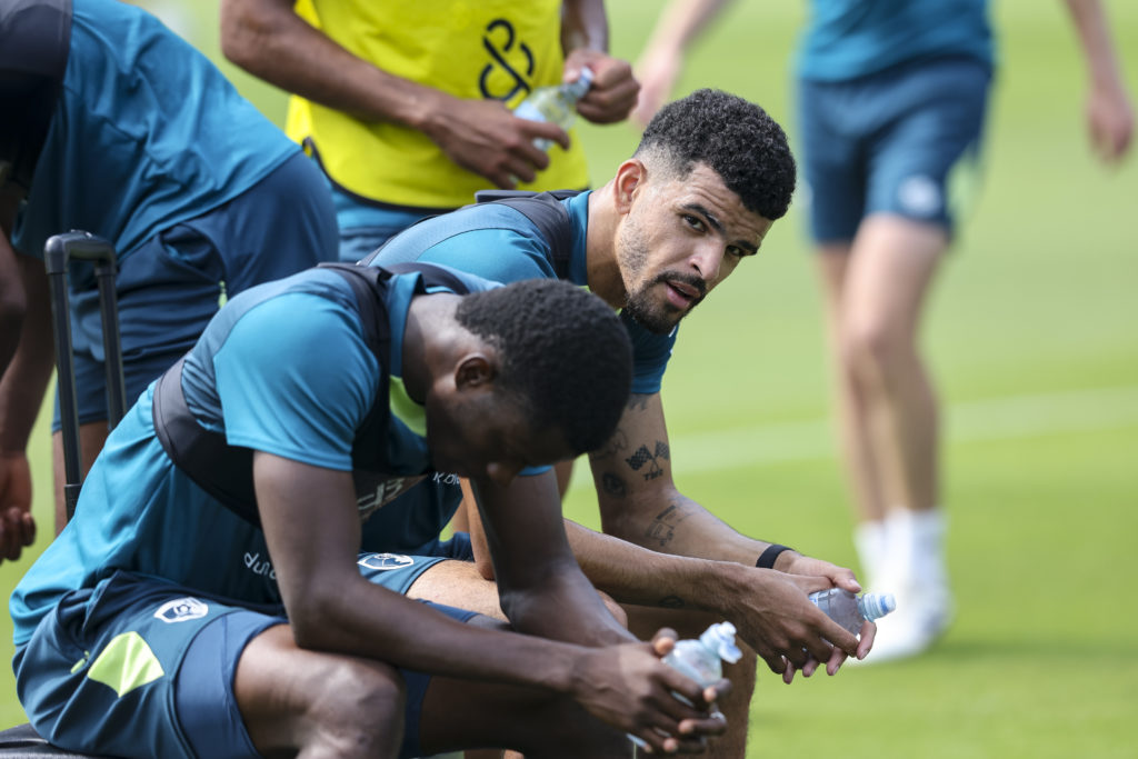 Dango Ouattara and Dominic Solanke of Bournemouth during a pre-season training session at Vitality Stadium on August 01, 2024 in Bournemouth, England.