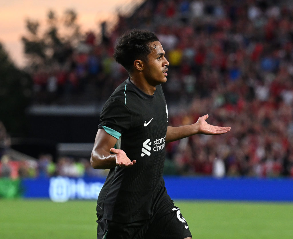 (THE SUN OUT, THE SUN ON SUNDAY OUT) Fabio Carvalho of Liverpool celebrates after scoring the opening goal during the pre-season match between Manc...