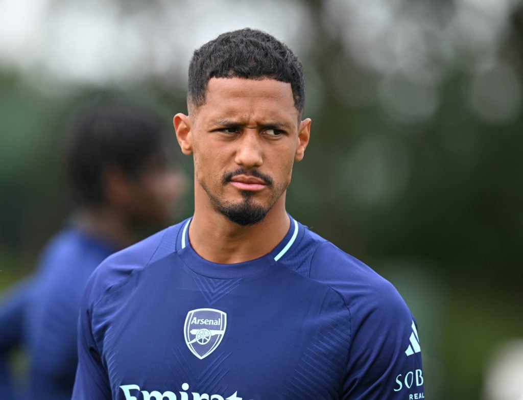 William Saliba of Arsenal during a training session at Sobha Realty Training Centre on August 04, 2024 in London Colney, England.