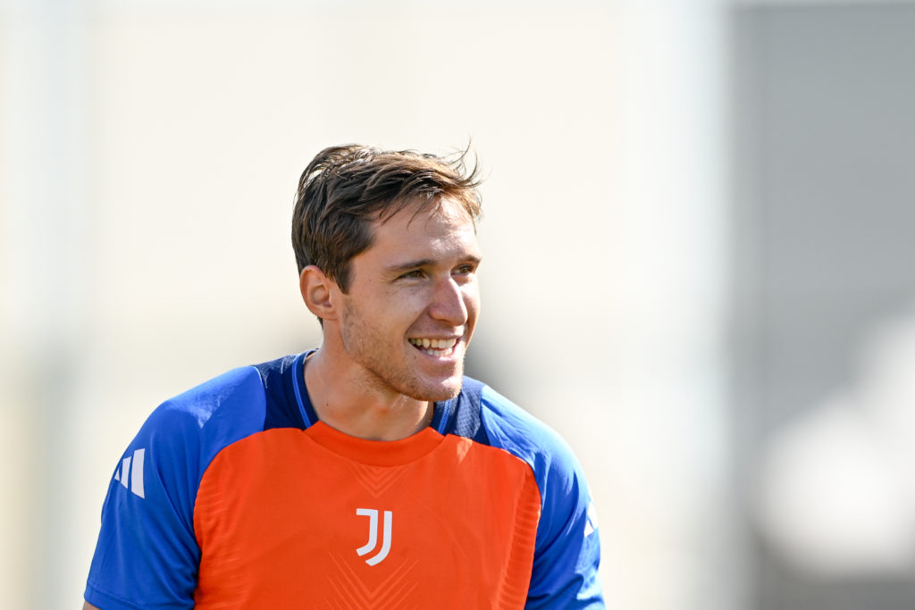 Federico Chiesa of Juventus during a training session at JTC on August 8, 2024 in Turin, Italy.