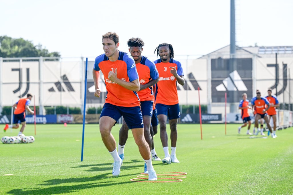 Federico Chiesa of Juventus during a training session at JTC on August 8, 2024 in Turin, Italy.