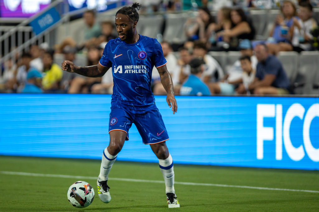 Raheem Sterling #7 of Chelsea dribbles forward during a match between Real Madrid and Chelsea at Bank of America Stadium on August 6, 2024 in Charl...