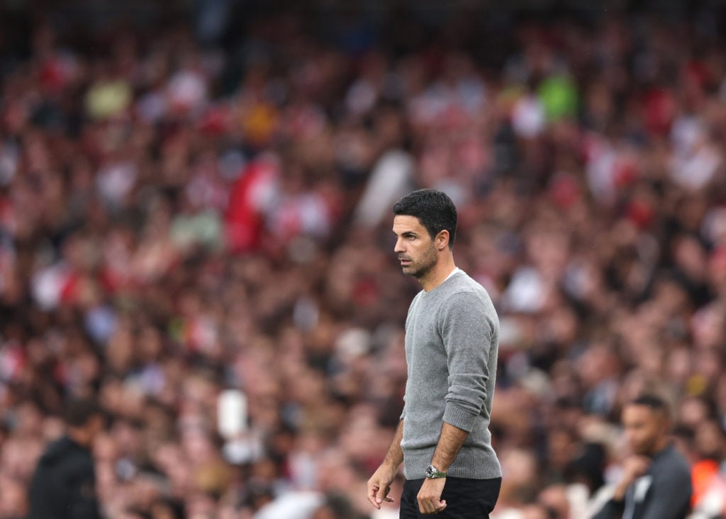 Mikel Arteta looks on during the pre-season friendly match between Arsenal and Bayer 04 Leverkusen at Emirates Stadium on August 07, 2024 in London...