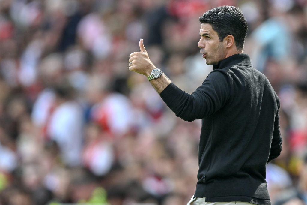 Mikel Arteta manager of Arsenal gestures during the pre-season friendly match between Arsenal and Olympique Lyonnais at Emirates Stadium on August ...