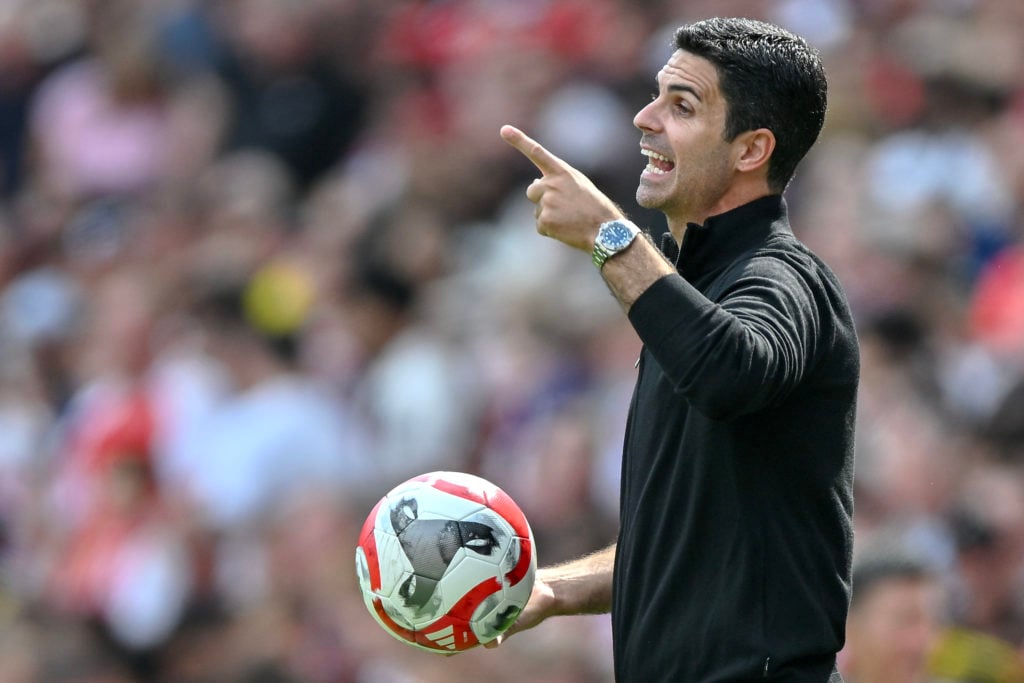 Mikel Arteta manager of Arsenal gestures during the pre-season friendly match between Arsenal and Olympique Lyonnais at Emirates Stadium on August ...