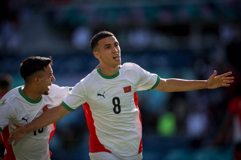 Bilal EL KHANNOUSS of the Morocco team is celebrating after scoring the third goal during the Men's Bronze Medal Match - Match 31 between Egypt and...