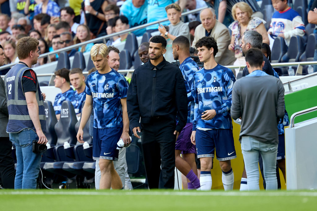 Lucas Bergvall (L), Dominic Solanke (C), and Archie Gray (R) are being presented as the new Tottenham Hotspur acquisitions prior to the VisitMalta ...