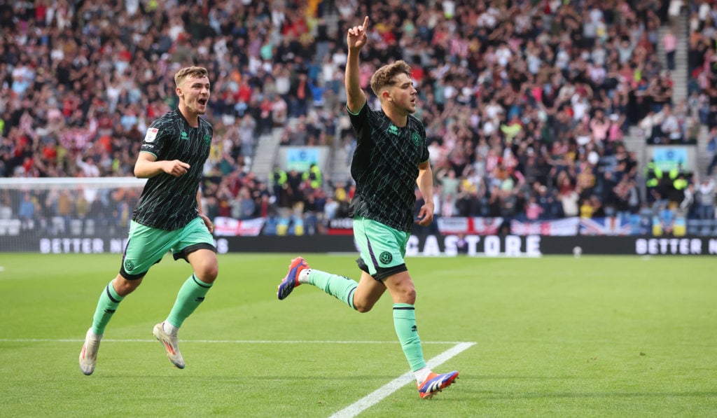 Oliver Arblaster of Sheffield United celebrates after scoring their first goal during the Sky Bet Championship match between Preston North End FC a...