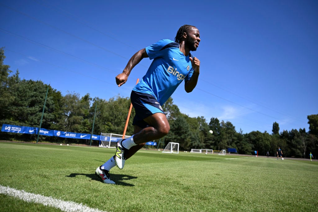 Raheem Sterling of Chelsea during a session at Chelsea Training Ground on August 13, 2024 in Cobham, England.