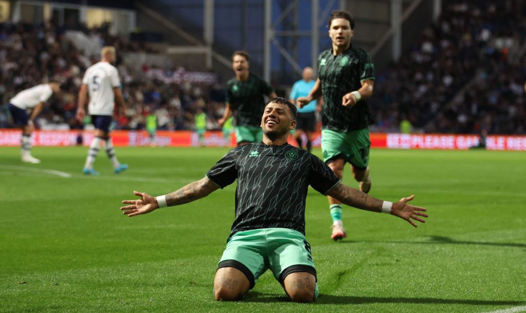 Gustavo Hamer of Sheffield United celebrates after scoring their second goal during the Sky Bet Championship match between Preston North End FC and...