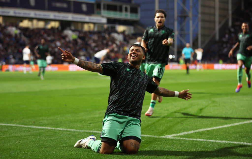 Gustavo Hamer of Sheffield United celebrates after scoring their second goal during the Sky Bet Championship match between Preston North End FC and...