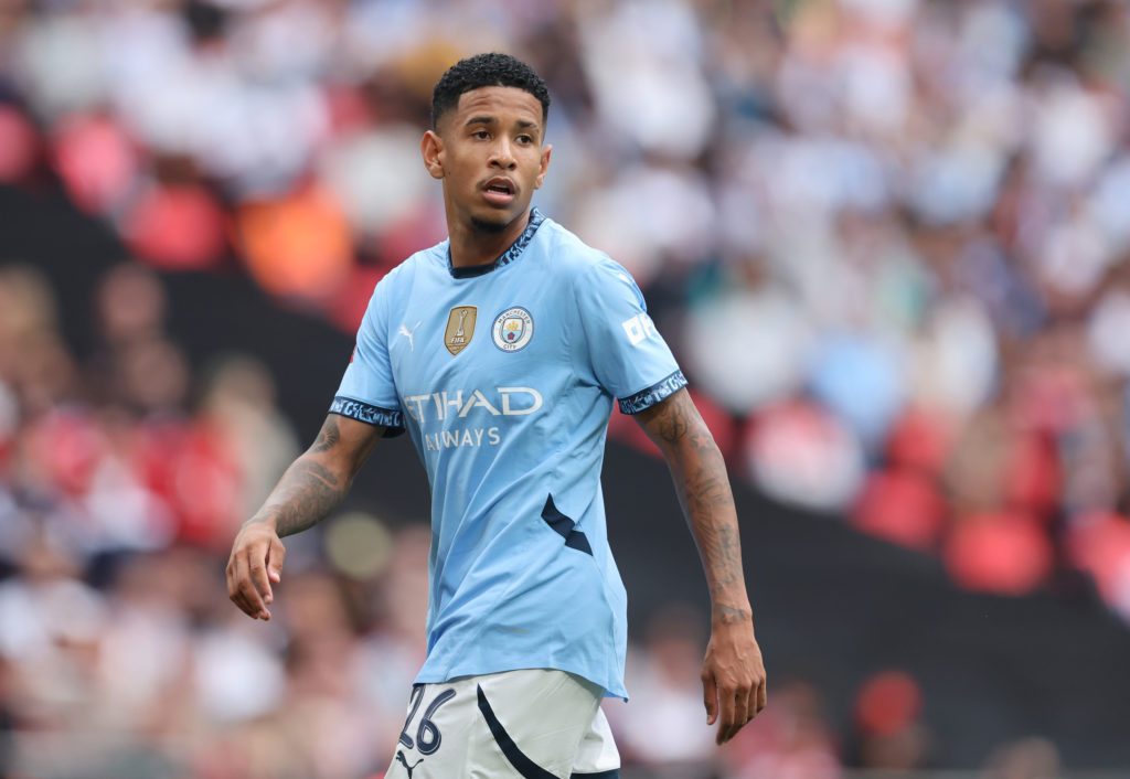 Savinho of Manchester City  during the 2024 FA Community Shield match between Manchester United and Manchester City  at Wembley Stadium on August 1...