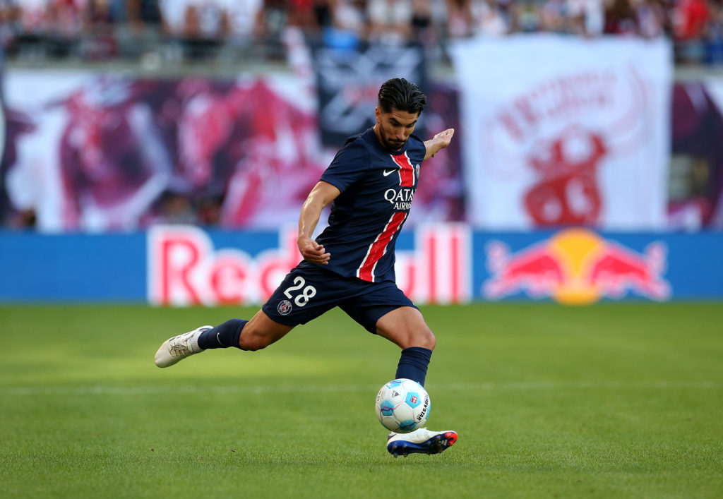 Carlos Soler of Paris St. Germain shoots the ball during the pre-season friendly match between RB Leipzig and Paris Saint-Germain at Red Bull Arena...