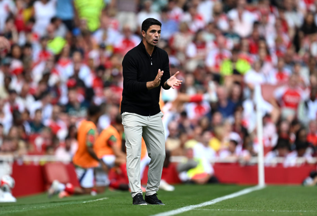 Mikel Arteta, Manager of Arsenal, reacts during the Pre-Season Friendly match between Arsenal FC and Olympique Lyonnais at Emirates Stadium on Augu...