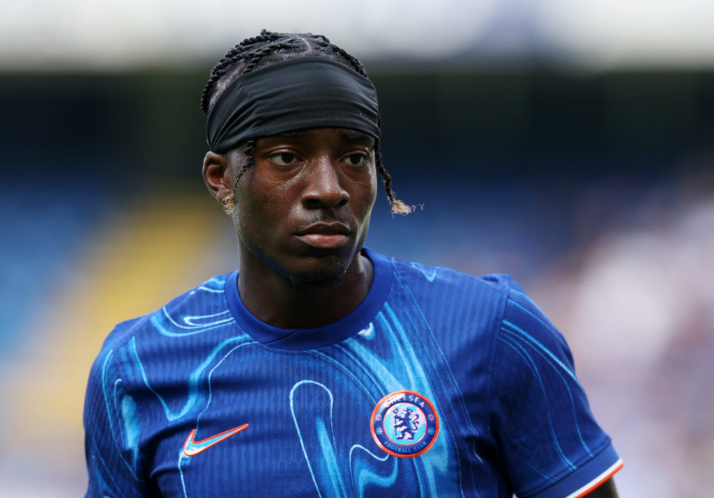 Noni Madueke of Chelsea in action during the pre-season friendly match between Chelsea and FC Internazionale at Stamford Bridge on August 11, 2024 ...