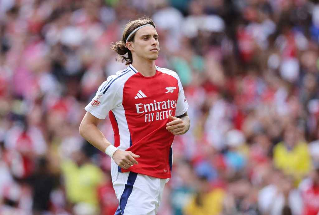 Riccardo Calafiori of Arsenal  during the pre-season friendly match between Arsenal and Olympique Lyonnais at Emirates Stadium on August 11, 2024 i...