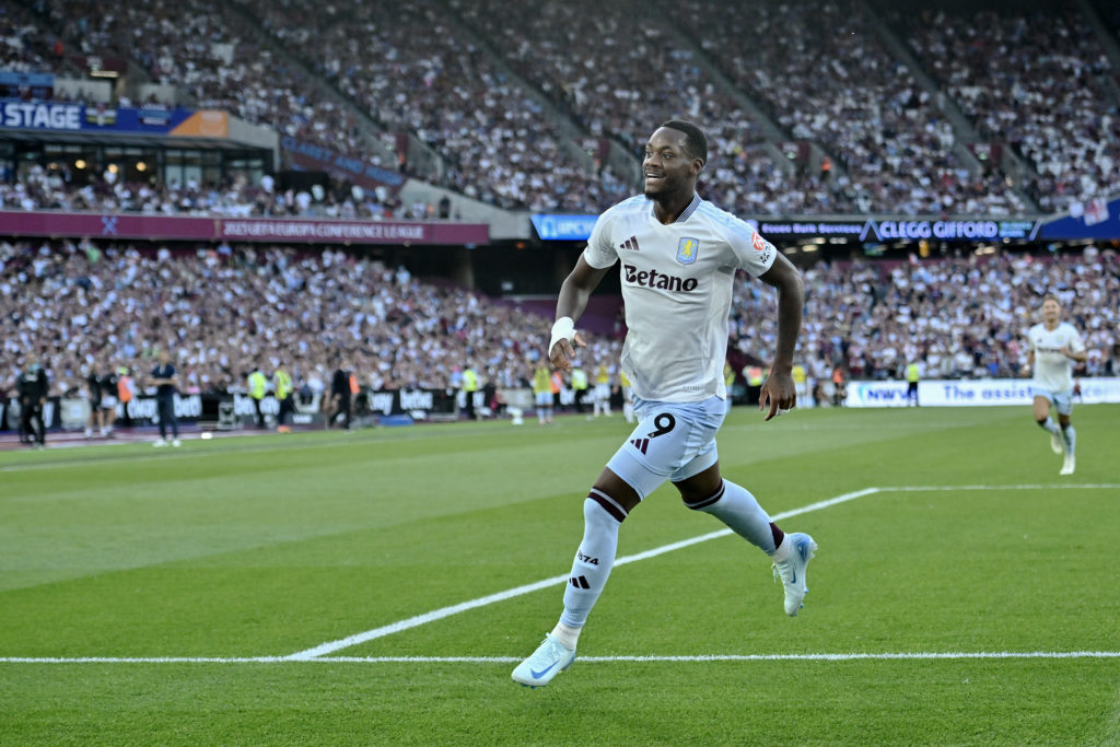 Jhon Duran of Aston Villa celebrates after scoring during the Premier League match between West Ham United FC and Aston Villa FC at London Stadium ...