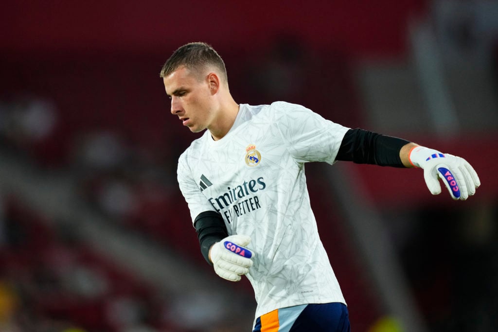 Andriy Lunin goalkeeper of Real Madrid and Ukraine during the warm-up before the La Liga match between RCD Mallorca and Real Madrid CF at Estadi de...