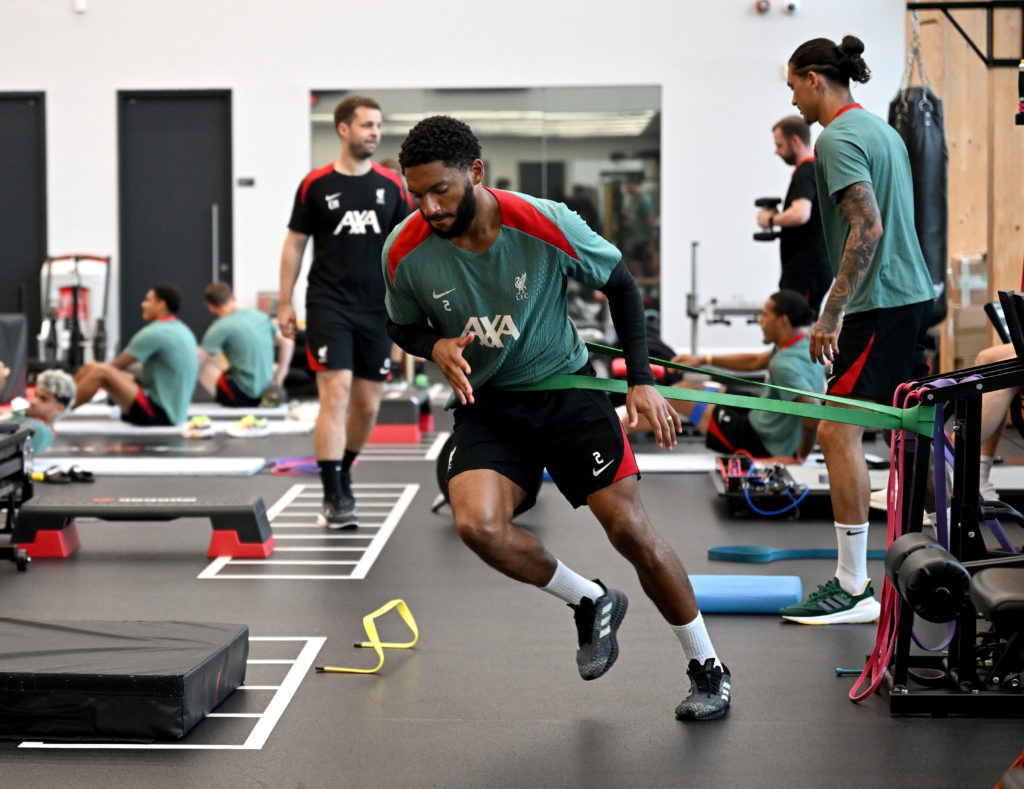 (THE SUN OUT, THE SUN ON SUNDAY OUT) Joe Gomez of Liverpool during a training session at AXA Training Centre on August 15, 2024 in Kirkby, England.