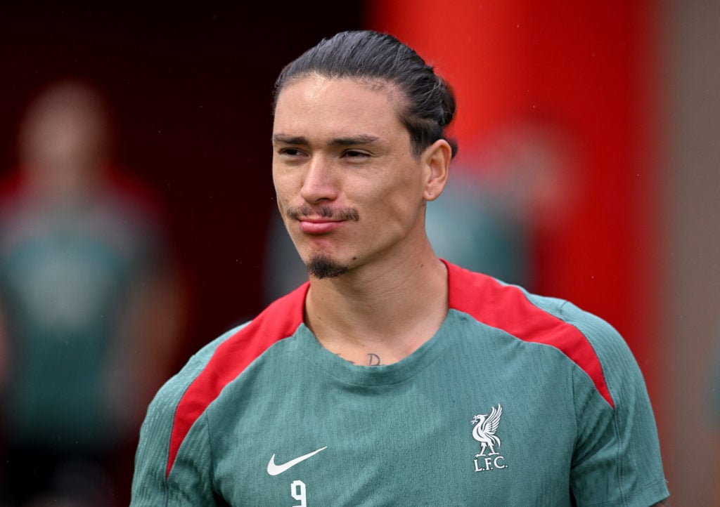 (SUN OUT, SUN ON SUNDAY) Darwin Nunez of Liverpool during a training session at AXA Training Center on August 15, 2024 in Kirkby, England.