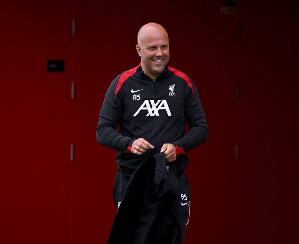 (THE SUN OUT, THE SUN ON SUNDAY OUT) Arne Slot head coach of Liverpool during a training session at AXA Training Centre on August 15, 2024 in Kirkb...