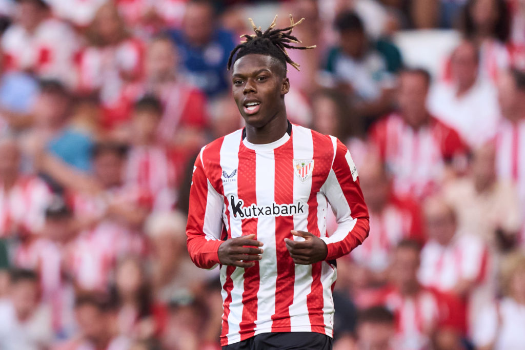 Nico Williams of Athletic Club reacts during the La Liga match between Athletic Club and Getafe CF at Estadio de San Mames on August 15, 2024 in Bi...