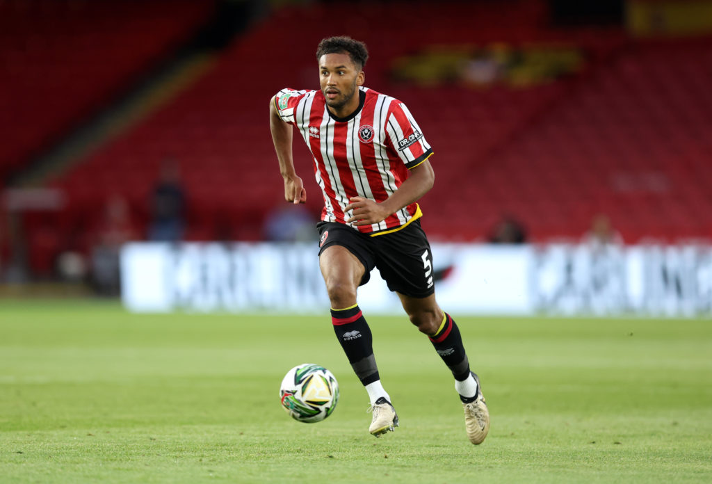 Auston Trusty of Sheffield United chases the ball during the Carabao Cup First Round match between Sheffield United and Wrexham at Bramall Lane on ...