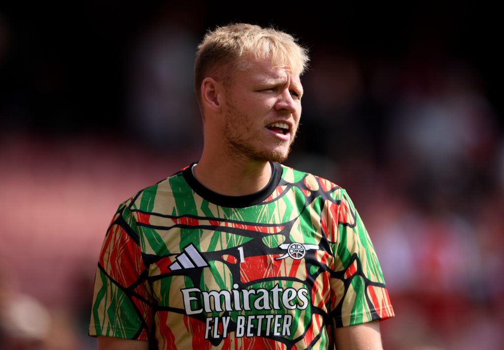 Aaron Ramsdale of Arsenal warms up prior to the Premier League match between Arsenal FC and Wolverhampton Wanderers FC at Emirates Stadium on Augus...