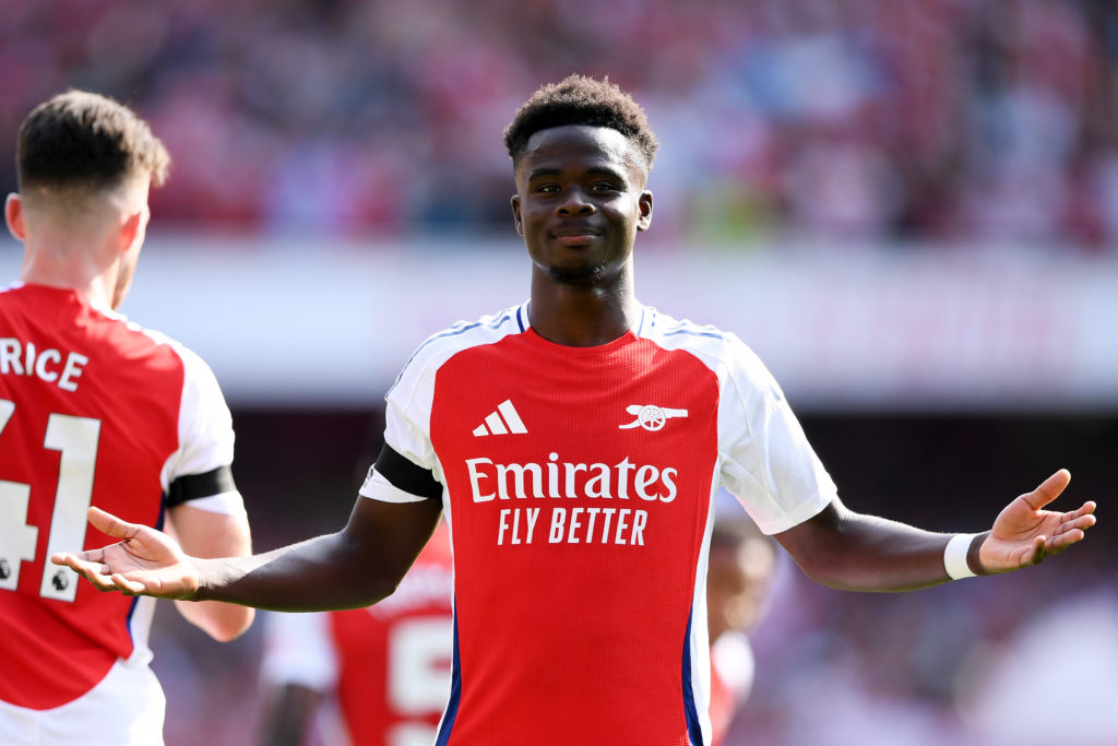 Bukayo Saka of Arsenal celebrates scoring his team's second goal during the Premier League match between Arsenal FC and Wolverhampton Wanderers FC ...