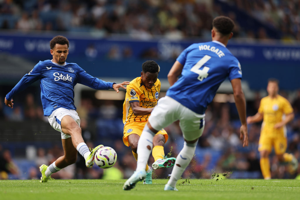 Simon Adingra of Brighton & Hove Albion scores his team's third goal during the Premier League match between Everton FC and Brighton & Hove...