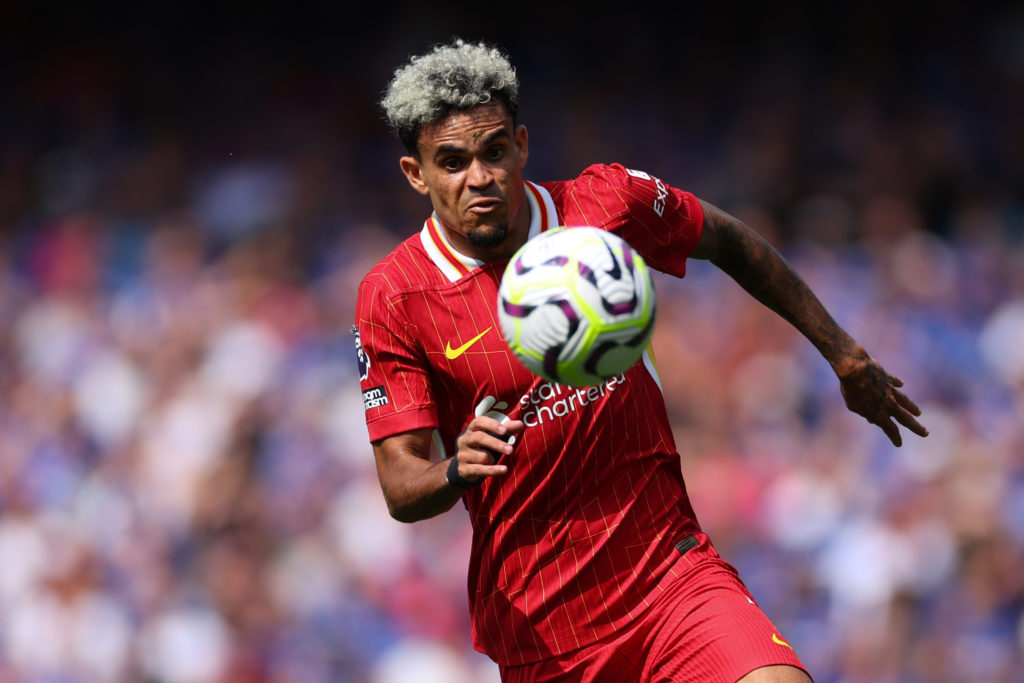 Luis Diaz of Liverpool during the Premier League match between Ipswich Town FC and Liverpool FC at Portman Road on August 17, 2024 in Ipswich, Engl...