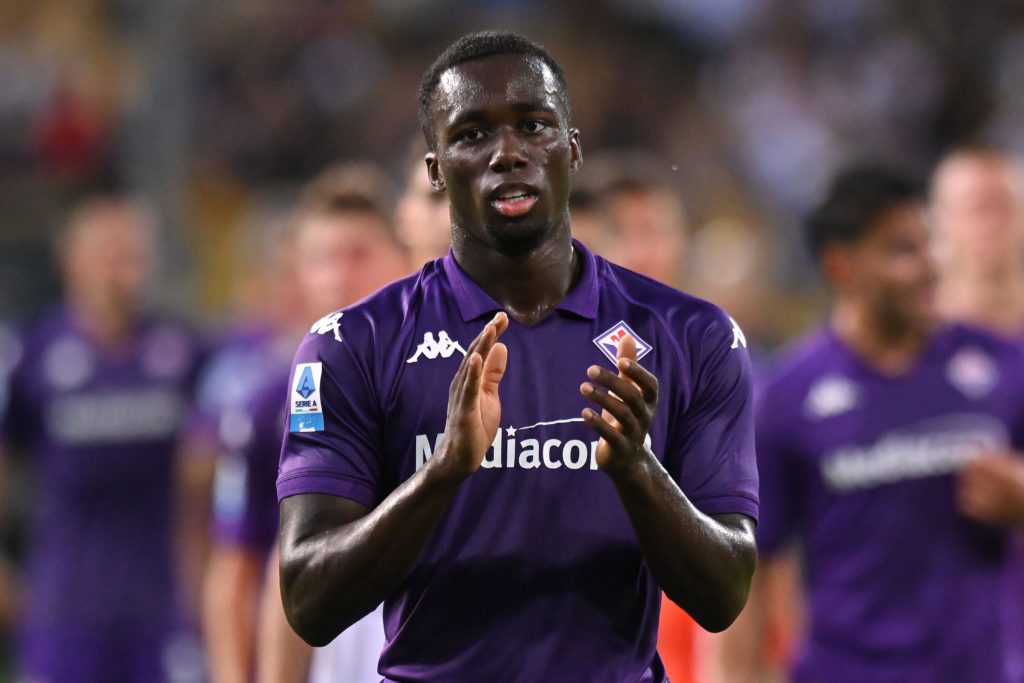 Michael Kayode of Fiorentina greets his fans during the Serie A match between Parma Calcio and Fiorentina at Stadio Ennio Tardini on August 17, 202...