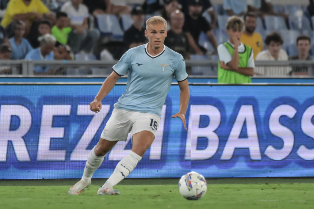 Gustav Isaksen of SS Lazio in action during the Serie A match between Lazio and Venezia at Stadio Olimpico on August 18, 2024 in Rome, Italy.