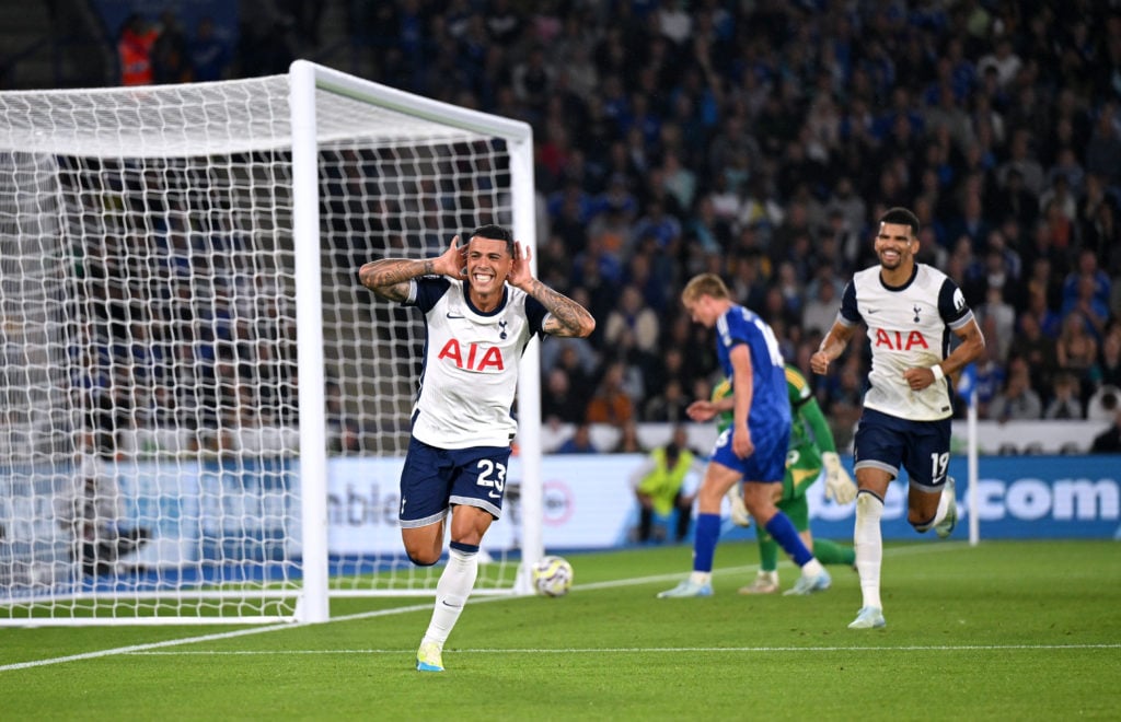 Pedro Porro of Tottenham Hotspur celebrates scoring his team's first goal during the Premier League match between Leicester City FC and Tottenham H...