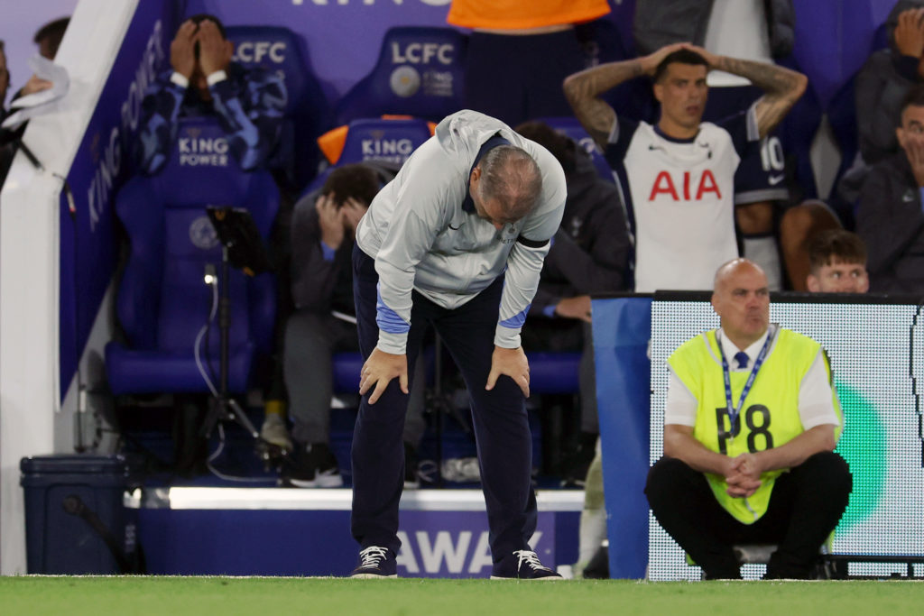 Ange Postecoglou manager / head coach of Tottenham Hotspur reacts to a missed chance during the Premier League match between Leicester City FC and ...