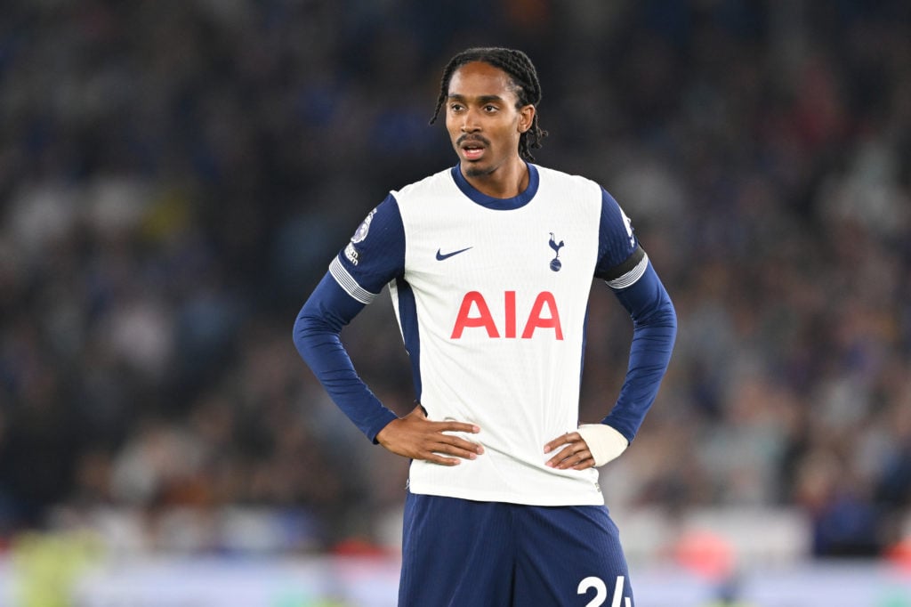 Djed Spence of Tottenham in action during the Premier League match between Leicester City FC and Tottenham Hotspur FC at The King Power Stadium on ...