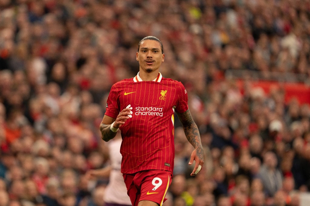 Darwin Nunez of Liverpool during the Premier League match between Liverpool and Brentford at Anfield in Liverpool, England, on August 25, 2024. (Ph...