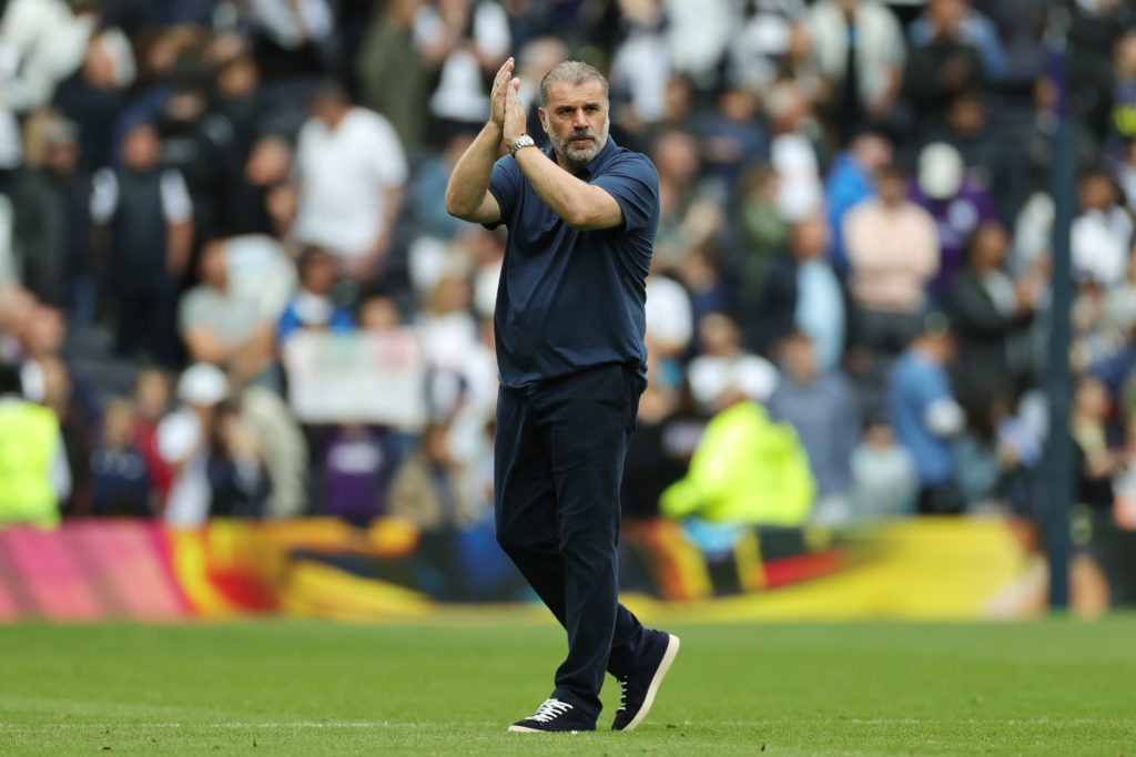 Ange Postecoglou, Manager of Tottenham Hotspur, applauds the fans after the team's victory in the Premier League match between Tottenham Hotspur FC...